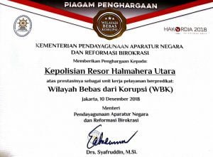 Kapolres Halut Sabet Penghargaan WBK Dari Menteri PAN-RB