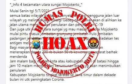 Masuk Kota Mojokerto Wajib Tes Antigen Ternyata Hoax