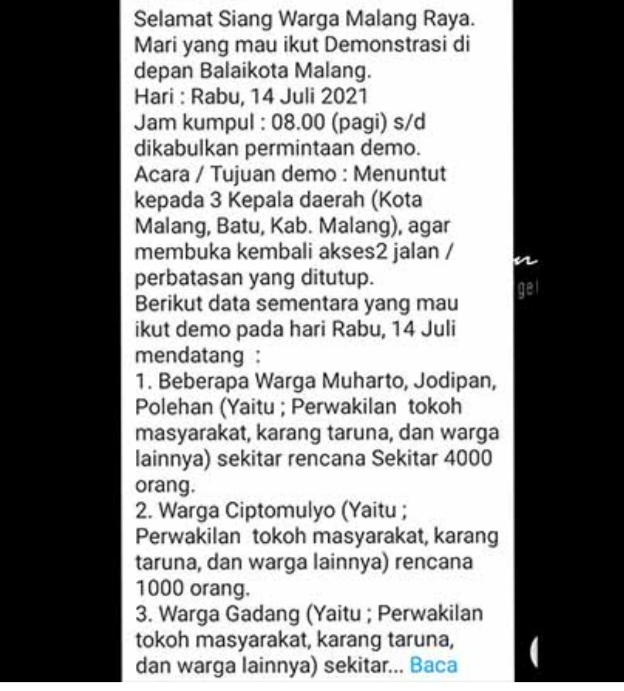 Waspada Info Hoaks Pesan Berantai Demo Penyekatan 14 Juli di Malang