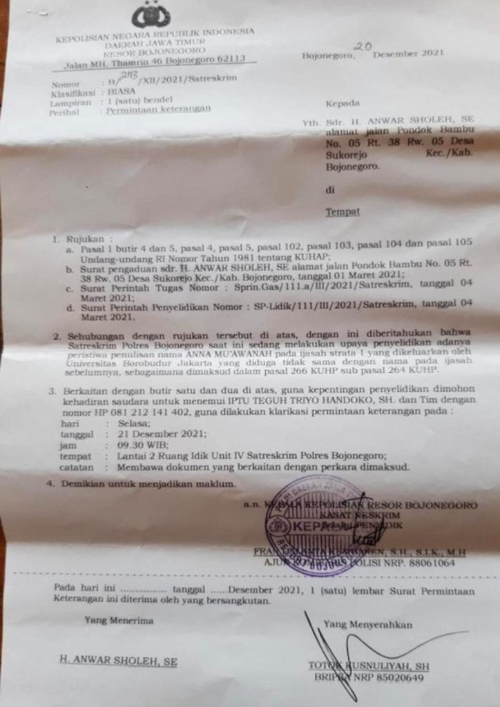 Bupati Bojonegoro Dapatkan Panggilan Polisi Soal kasus Ijazah Palsu