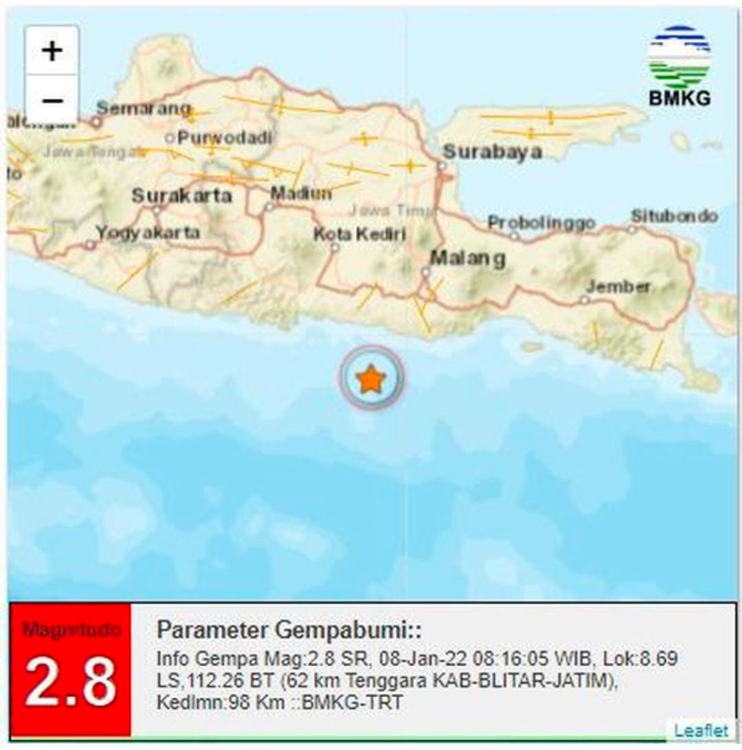 Blitar Diguncang Gempa 2,8 Magnitude Pagi Tadi