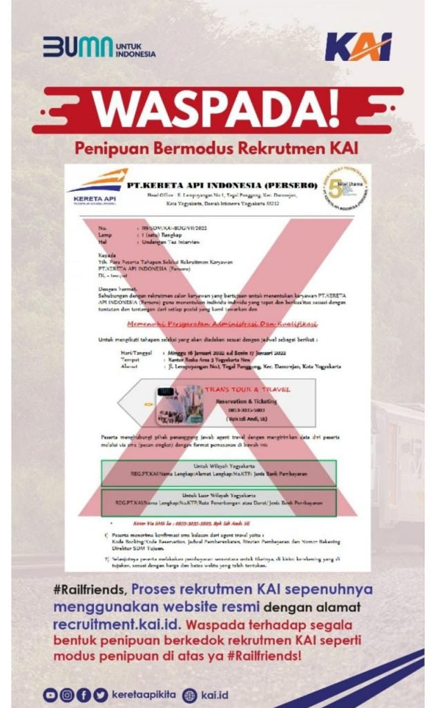 Marak Penipuan Berkedok Lowongan KAI, Masyarakat Diminta Untuk Waspada