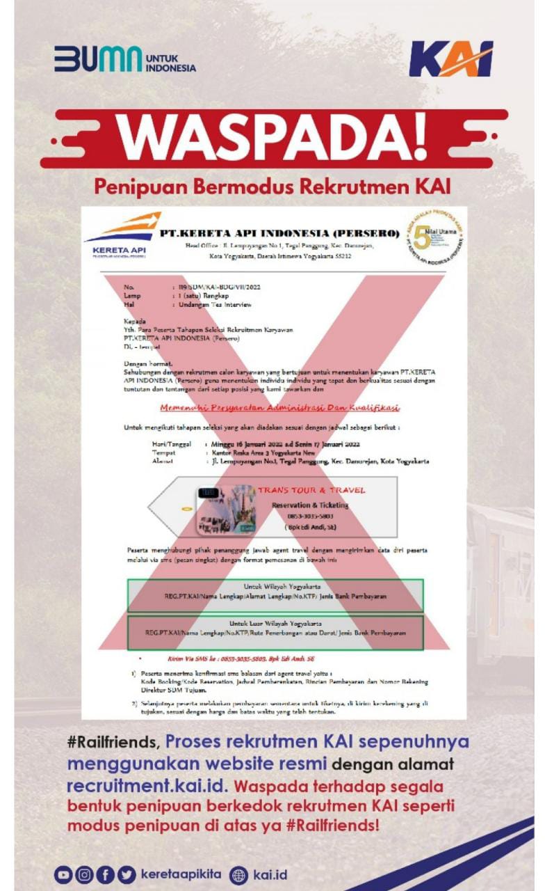 Marak Penipuan Berkedok Rekruitmen KAI, Masyarakat Diminta Untuk Waspada