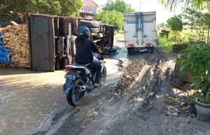 Truk Kayu Terguling Usai Terpeleset Jalan Becek di Lamongan