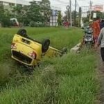 Mobil terjun ke sawah