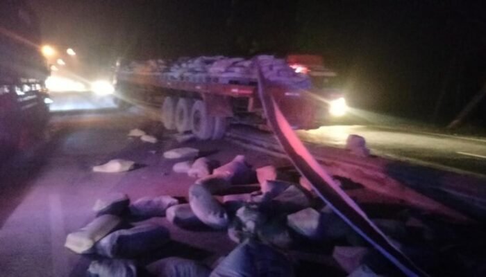 Sopir Hilang Kendali, Truk Muat Semen Nangkring di Median Jalan Lamongan