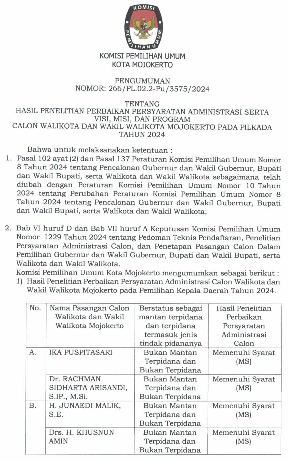 Pengumuman calon walikota mojokerto