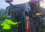 Bus PO Nusa Bali Terguling di Tol Jomo Jombang, 15 Penumpang Terluka