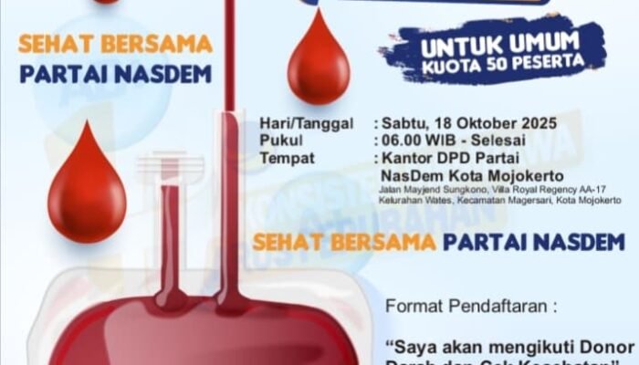 DPD Partai NasDem Kota Mojokerto Gelar Donor Darah dan Cek Kesehatan Gratis