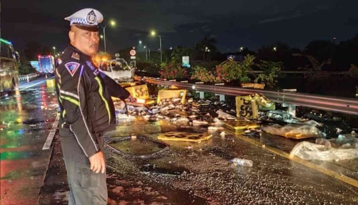 Pickup Pecah Ban di Tol Jomo, Muatan Ikan Berserakan di Badan Jalan